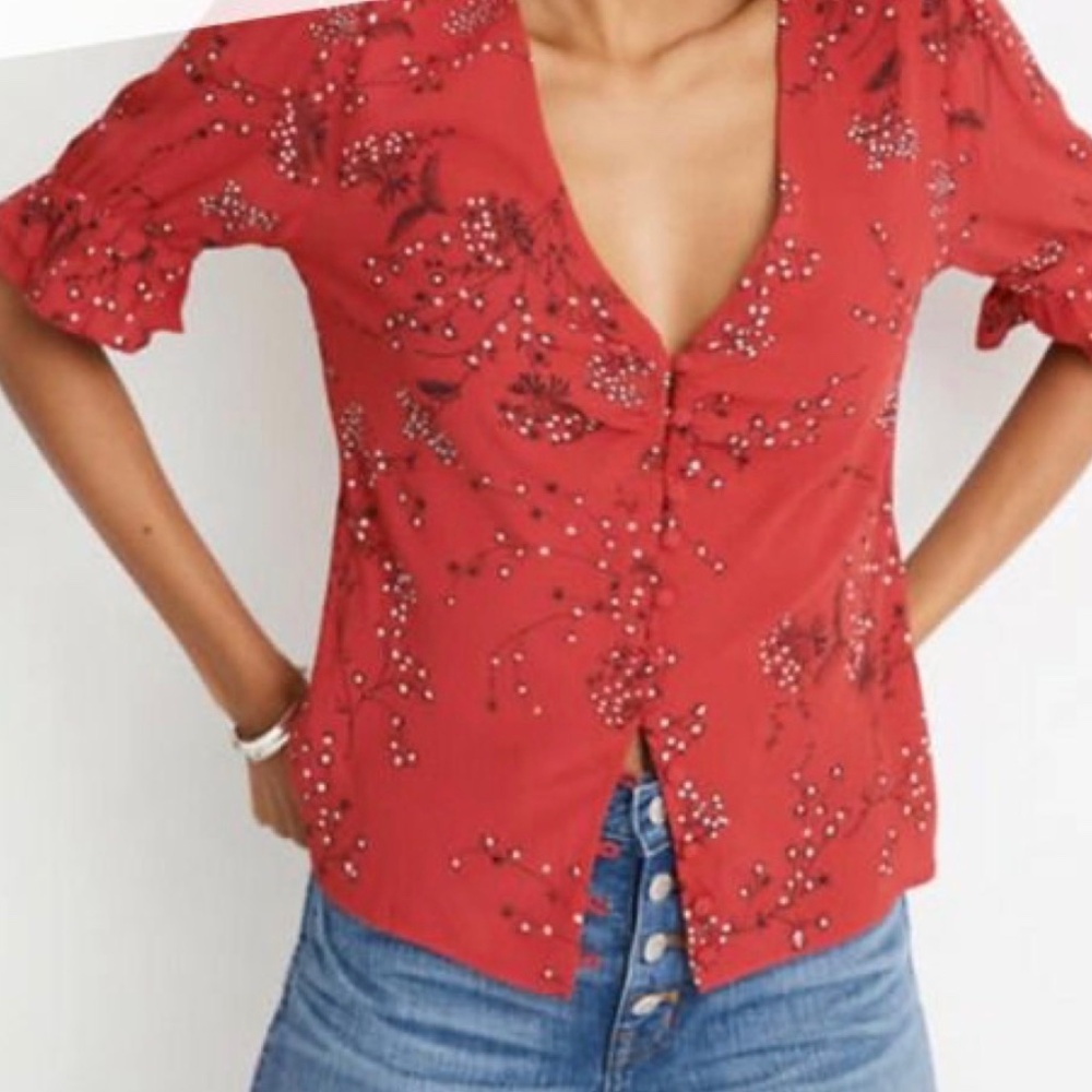 Madewell Daylight Top Red Windswept Floral Short Sleeve Gathered Front Button 8
